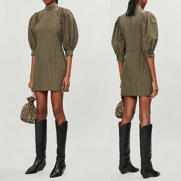 Ganni Dresses & Skirts - GANNI Dress Seersucker Gingham Mini Dress Green Size 34
